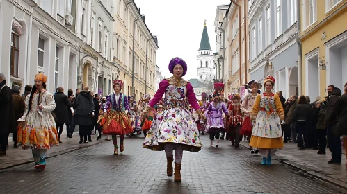 Colorful Traditional Clothing Parade on City Street