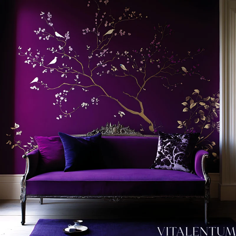 AI ART Purple Interior with Couch and Artistic Wall