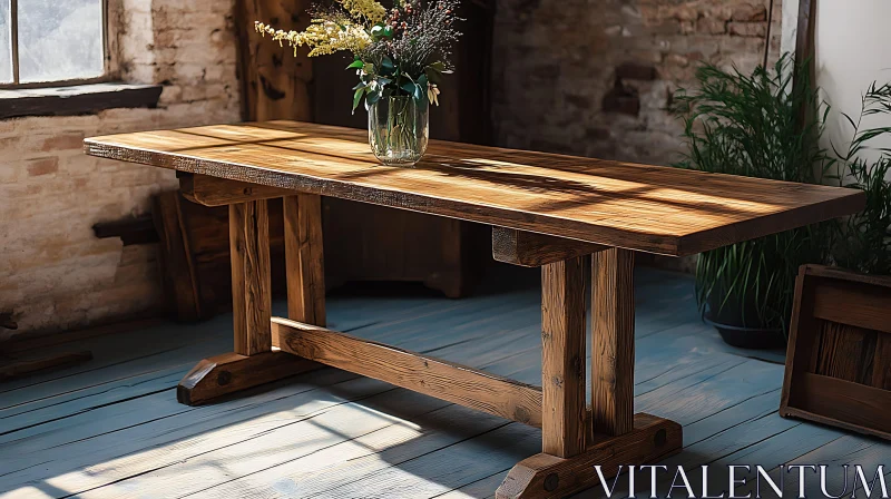 Sunlit Wooden Table with Flowers AI Image