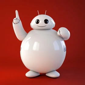 White Robot Pointing Up on Red