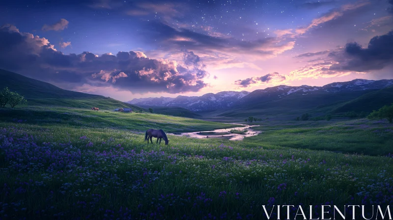 AI ART Tranquil Landscape with Horse and Mountains