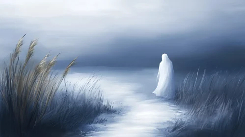 Monochrome Ghost Figure in Reeds