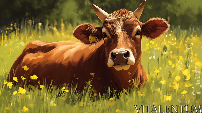 Peaceful Cow in Meadow of Flowers AI Image