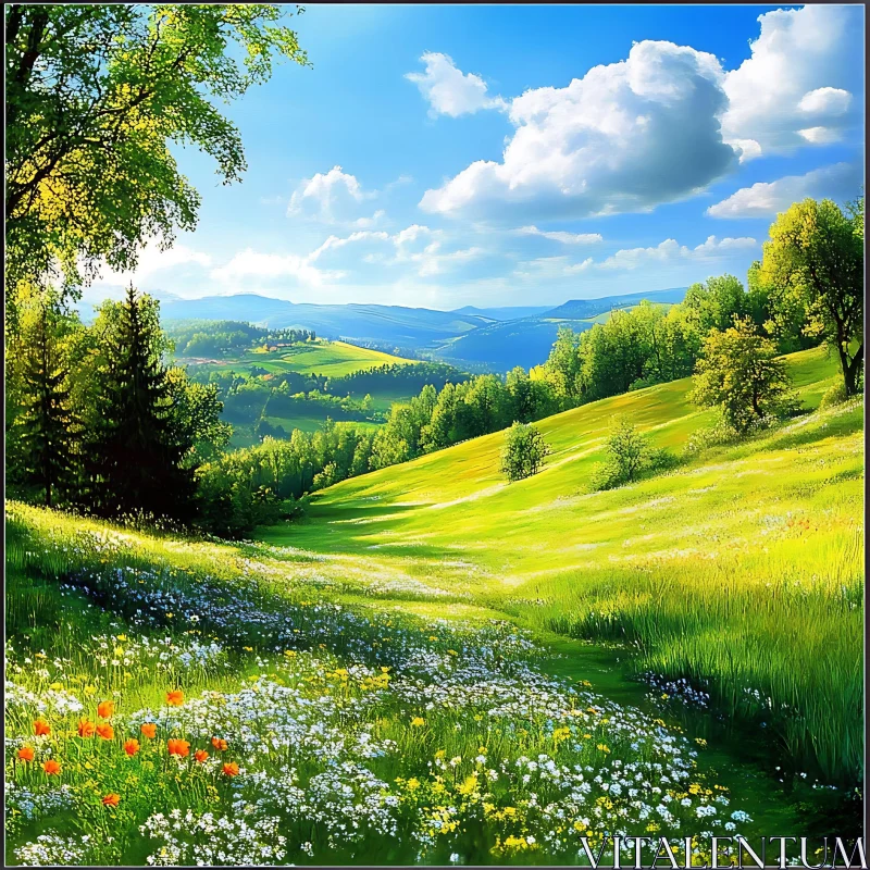 AI ART Scenic Green Field with Flowers