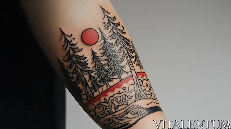 Forest Tattoo with Red Sun AI Image