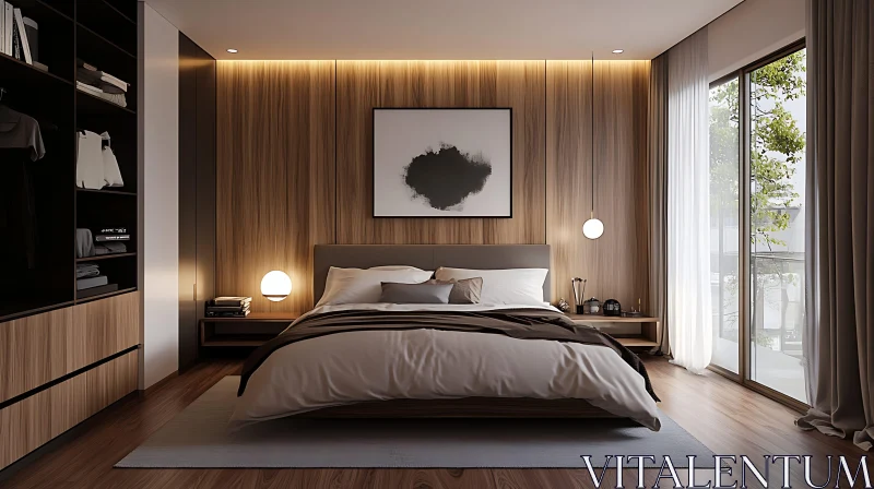 Minimalist Bedroom with Wooden Accents AI Image