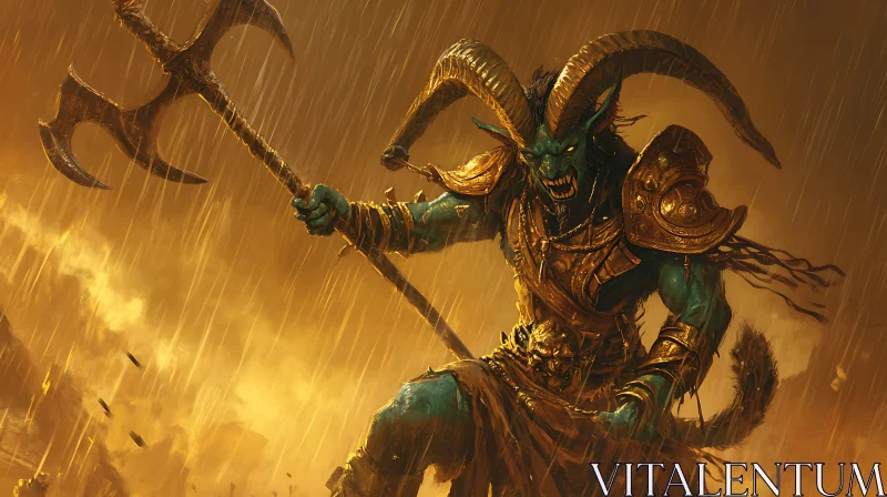 AI ART Green Demon with Trident in Storm