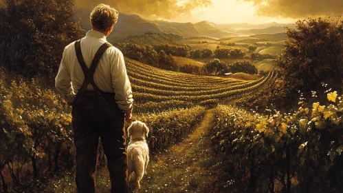 Man and Dog in Vineyard at Sunset