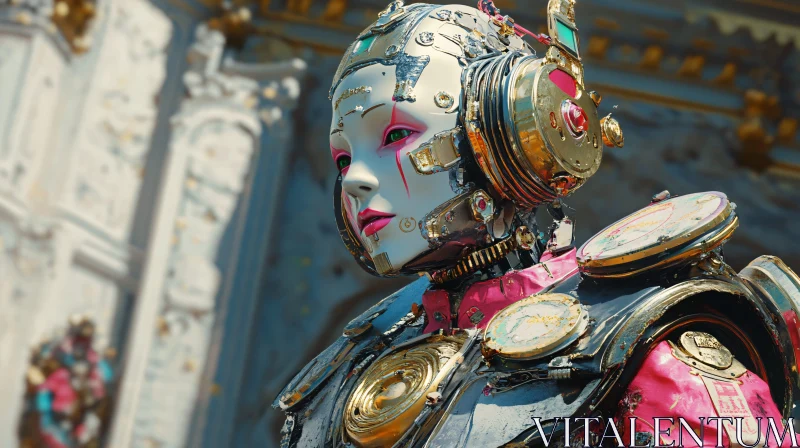 Futuristic Cyborg with Pink Armor in an Ornate Setting AI Image