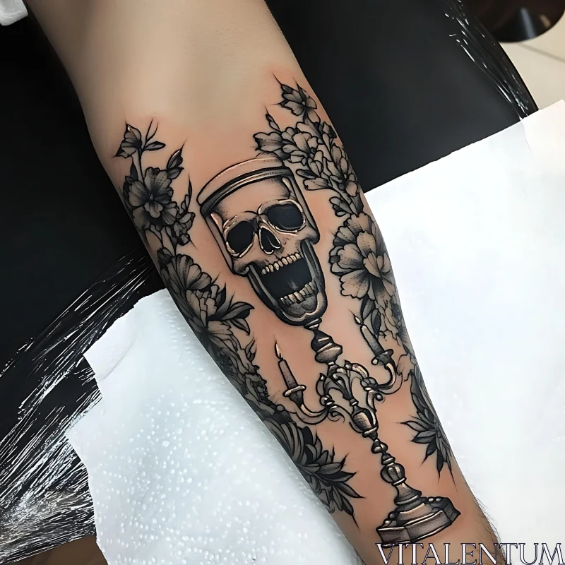 Floral Skull and Candelabrum Arm Tattoo AI Image