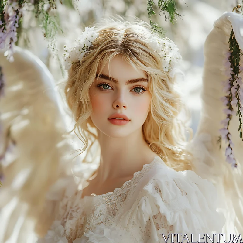 Woman with Angel Wings and Flowers AI Image