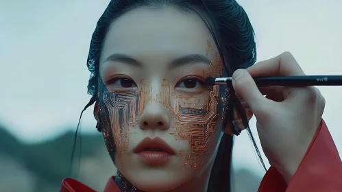 Cyborg Woman with Circuitry Makeup