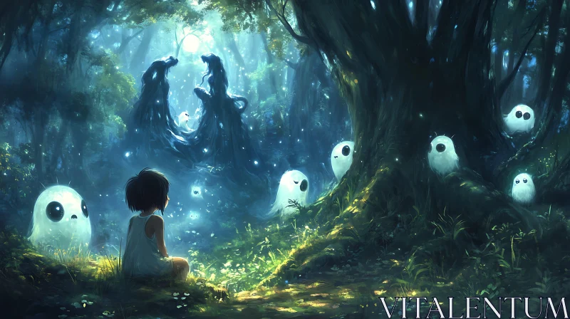 AI ART Forest Spirits and a Young Observer