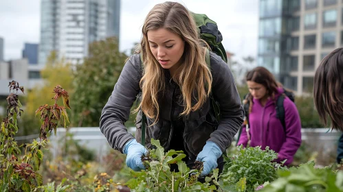 Woman Gardening on City Rooftop