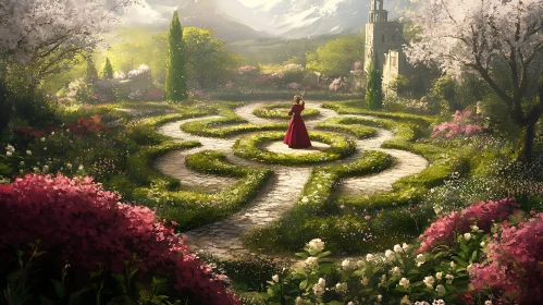 Woman in Red Dress in Garden Maze