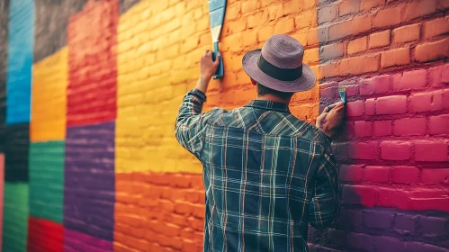 Person Painting a Brick Wall