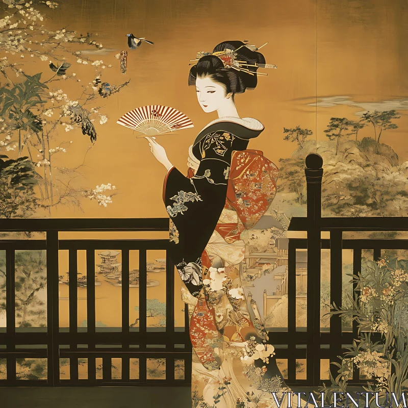 Japanese Woman in Kimono Holding Fan AI Image