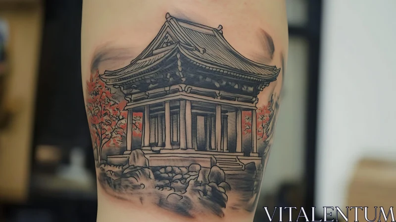 Black and Gray Temple Tattoo with Red Leaves AI Image