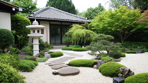 Zen Garden with Stone Path and Lantern