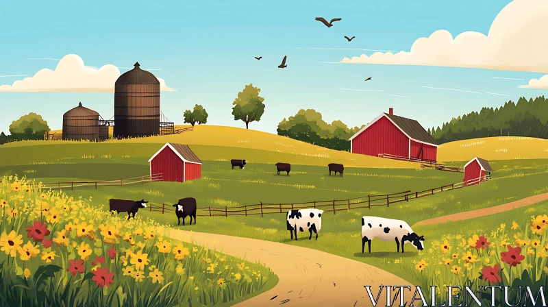 AI ART Tranquil Farm Scene with Cows and Barns