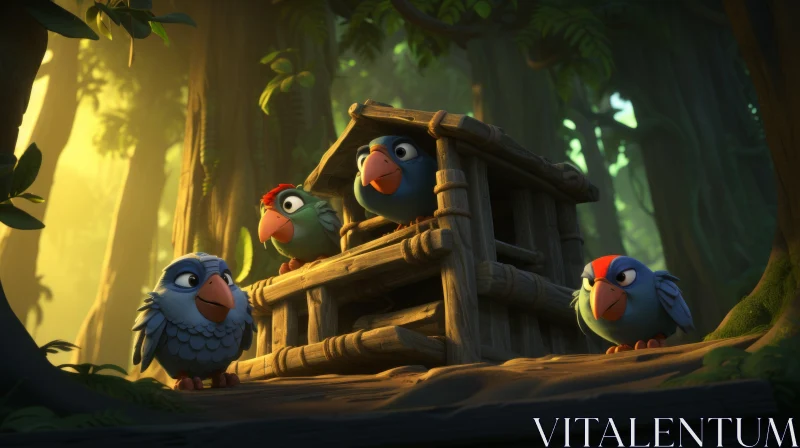 Animated Parrots in Forest Cabin - A Playful Wilderness Scene AI Image