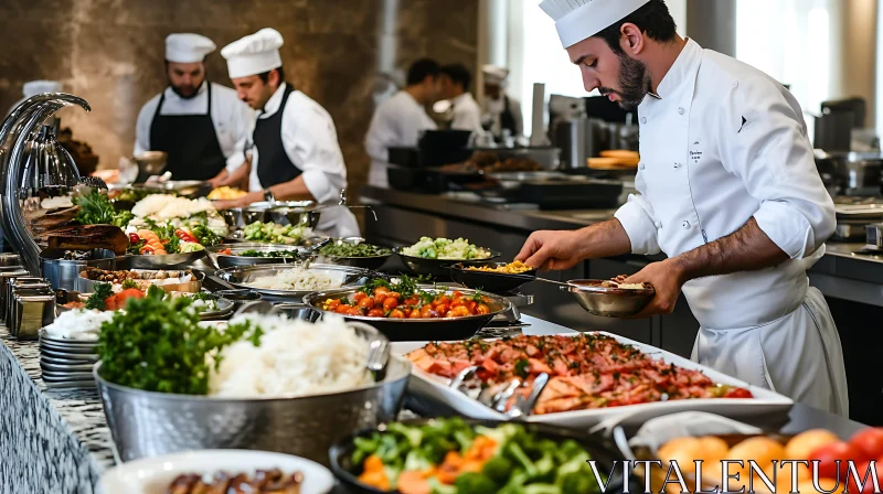 Professional Chefs in a Busy Kitchen Setting Up a Buffet AI Image