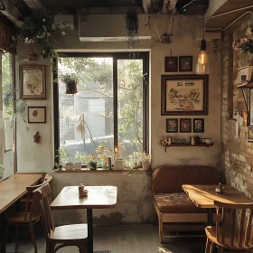 Sunlit Cafe Interior with Wooden Furniture