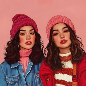 Twin Fashion Portrait with Pink Backdrop