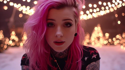 Captivating Portrait of a Young Woman with Pink Hair and Tattoos