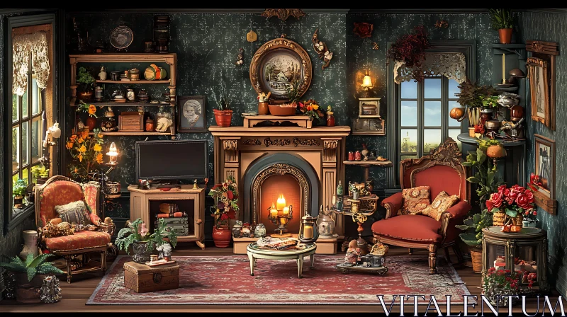 Cozy Vintage Room with Warm Firelight AI Image