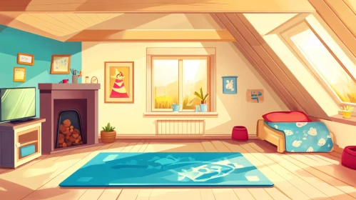 Cartoon Interior of Cozy Attic Space