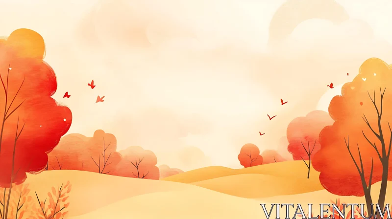 AI ART Scenic Autumn Landscape with Flying Birds