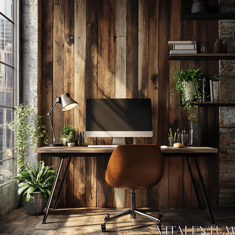 AI ART Cozy Wooden Home Office Setup