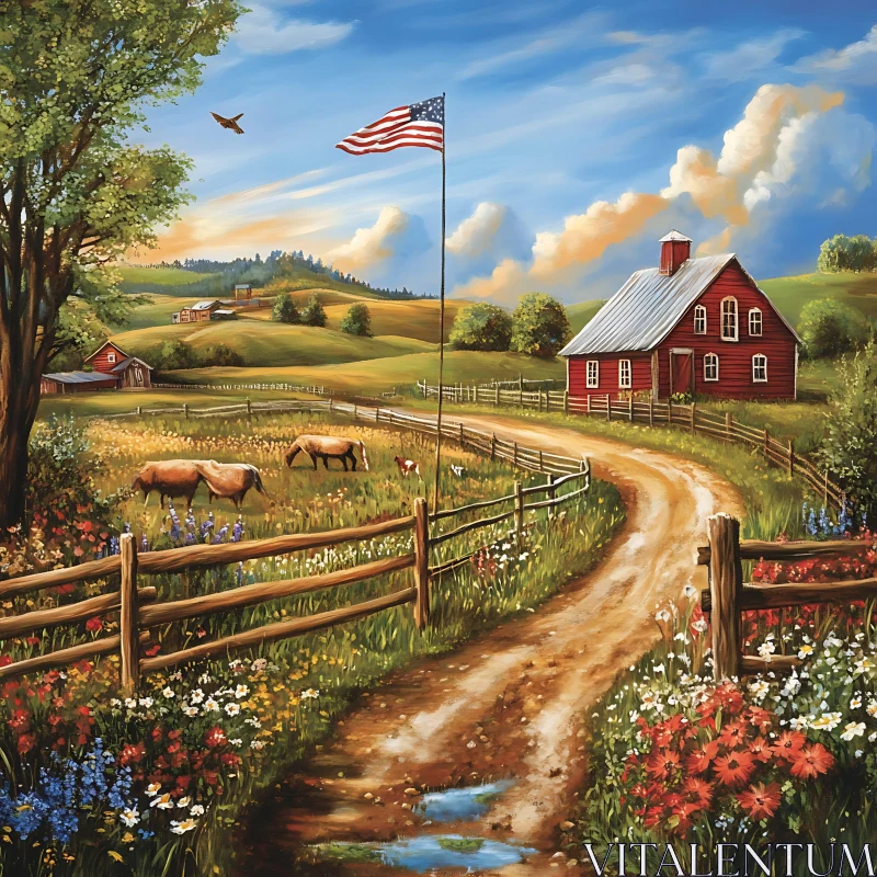 Rural Landscape with Flag and Barn AI Image