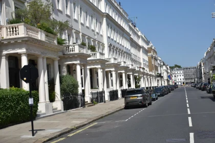 London Street Scene with White Townhouses