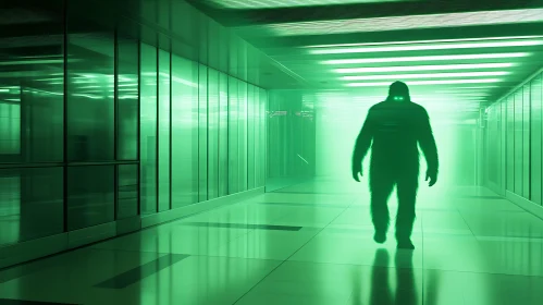 Green Lit Corridor with Mysterious Figure