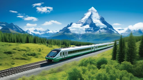 Sleek Train on Tracks: Mountainous Vistas and Realistic Rendering