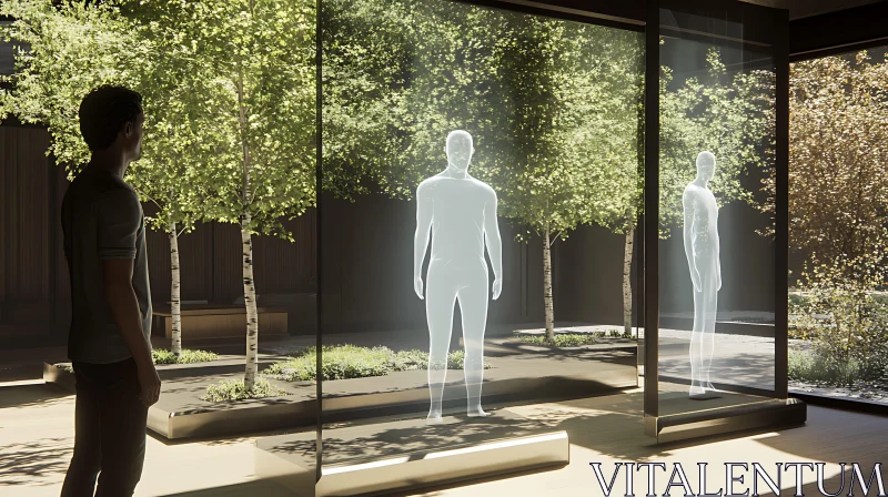 Futuristic Encounter: Man and Holographic Figure AI Image
