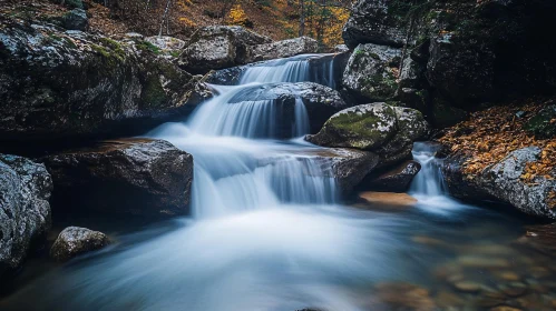 Serene Cascade Over Mossy Rocks in Fall