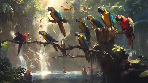 Colorful Macaws at Tropical Waterfall