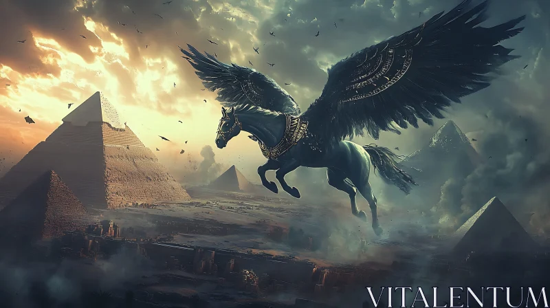 Winged Horse and Pyramids at Sunset