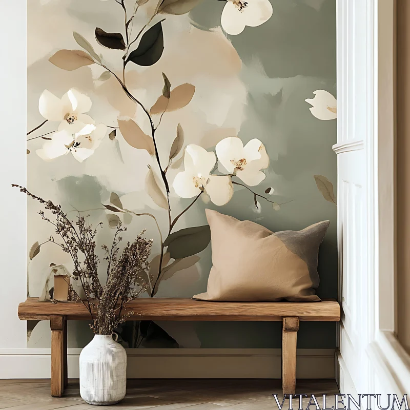 Elegant Floral Painting and Bench Still Life
