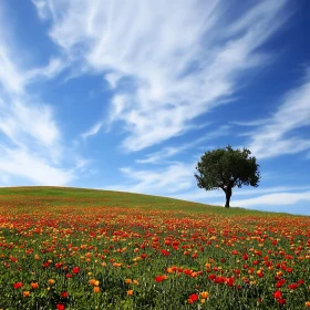 Scenic Flower Field with Tree