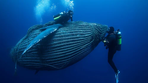 Whale entangled in net being rescued
