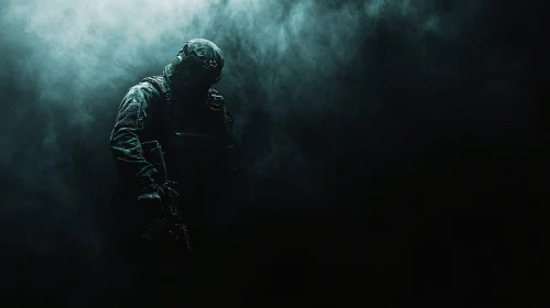 Shadowy Soldier: Tactical Gear in Mist