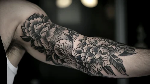 Detailed Black and Grey Floral Arm Tattoo