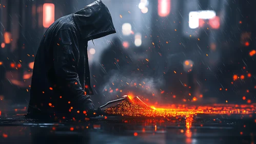 Urban Enigma: Hooded Figure in the Rain