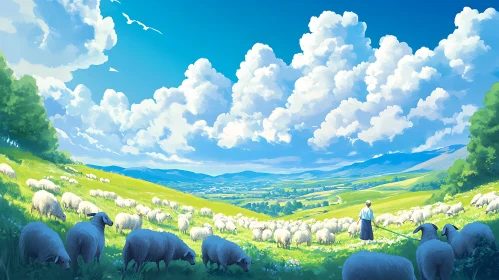 Pastoral Scene with Sheep and Shepherd