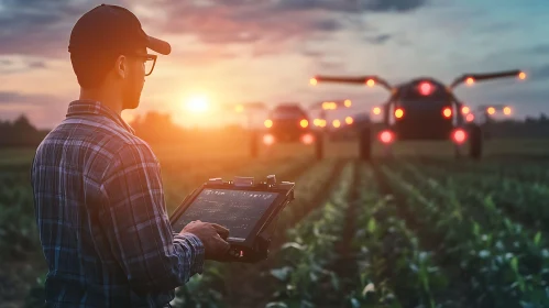 Farmer and Drone in Field at Dusk