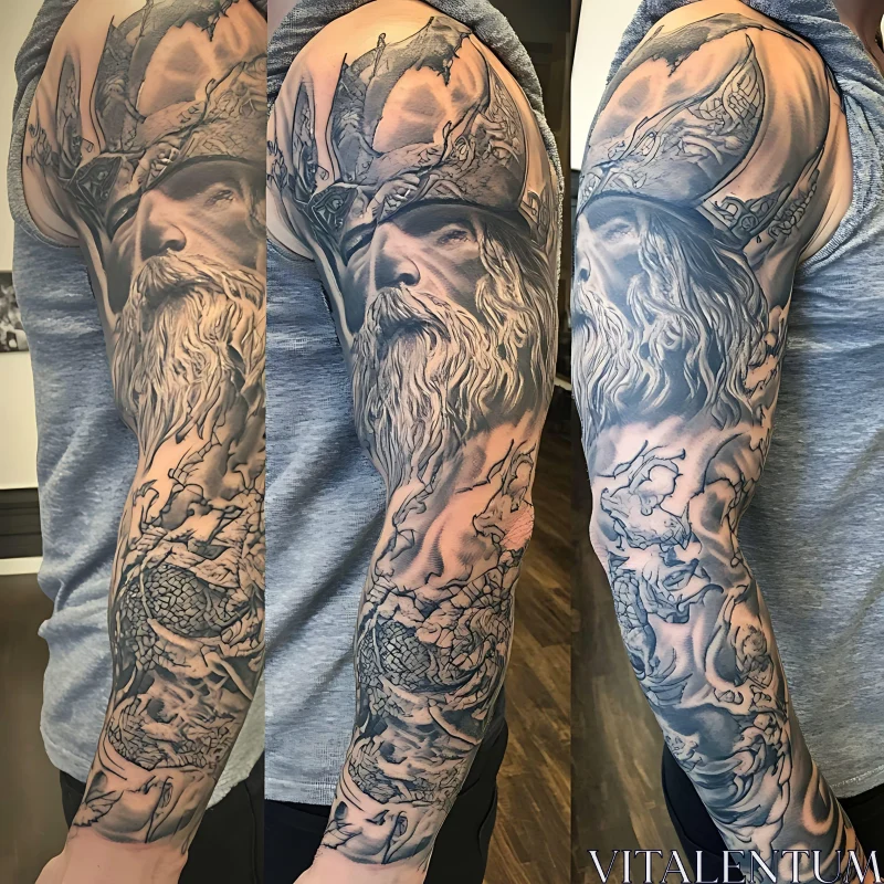 AI ART Mythological Sleeve Tattoo Design in Black and Grey